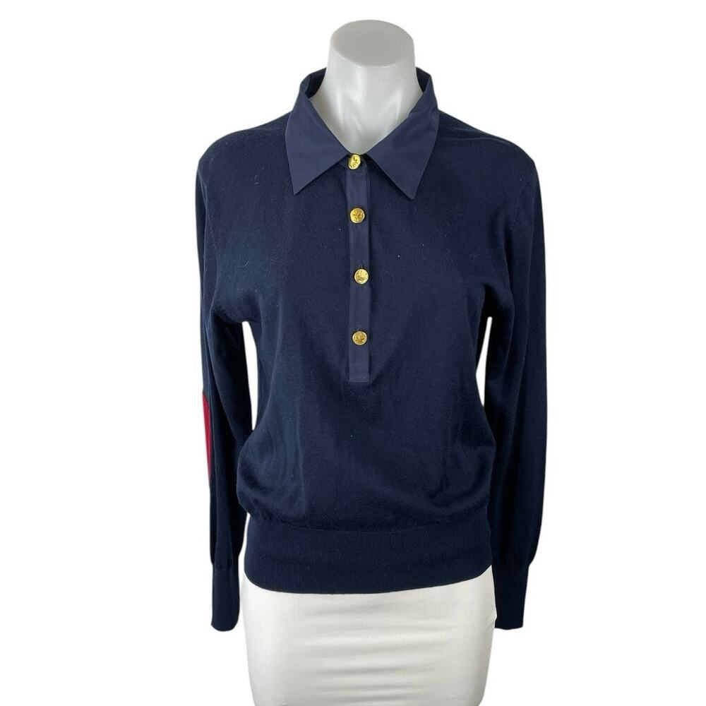 Boast Women's Navy Blue Knit Long Sleeve Button Front Polo Sweater Top Size M